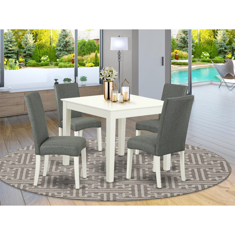 5 Piece Modern Dining Table Set Includes a Square Wooden Table and 4 Gray Linen Fabric Upholstered Chairs, Linen White, Gray