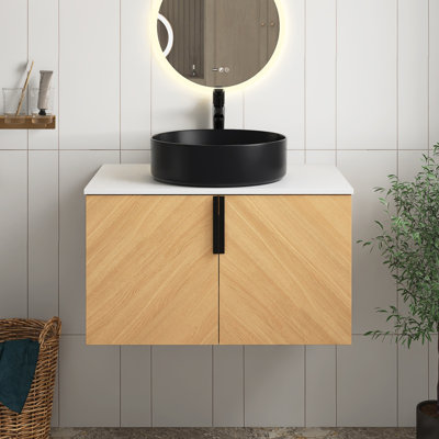 Meuble-lavabo mural de 30 po avec lavabo d'art en céramique noir mat et dalle de pierre artificielle, porte à fermeture en douceur