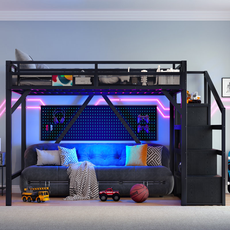 Queen Loft Bed with Storage Stairs, Shelves and Built-in Wardrobe, Metal Loft Bed Frame with USB Ports and LED Lights, Noise-reduced Design, Black Woodgrain
