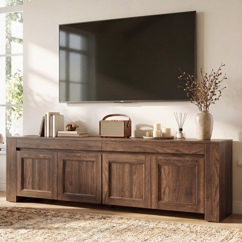Meuble télé 70 po avec tablettes et portes de rangement, grand centre de divertissement en bois pour téléviseur de 80 po ou moins