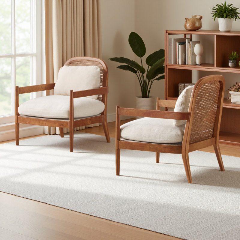 [Ensemble de 2] Chaise d'appoint Mid-Century moderne de 26,6 po avec structure en bois massif et dossier en rotin, fauteuils confortables pour le salon