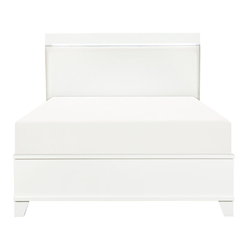 Grand lit lumineux à DEL avec tête de lit blanc brillant et cadre en bois moderne en similicuir ultrabrillant, Grand lit