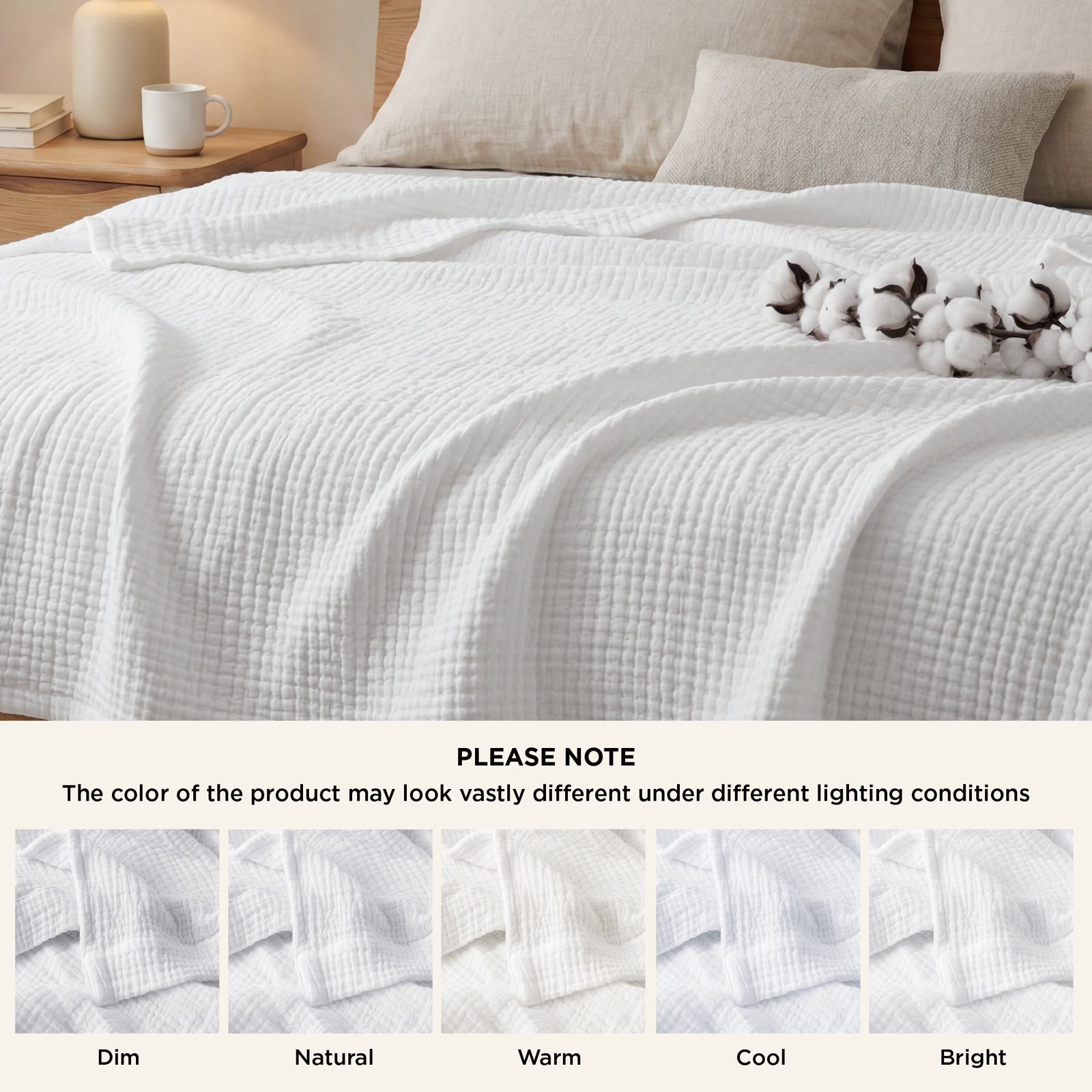 Bedsure Cotton Muslin Throw Blanket, White, King