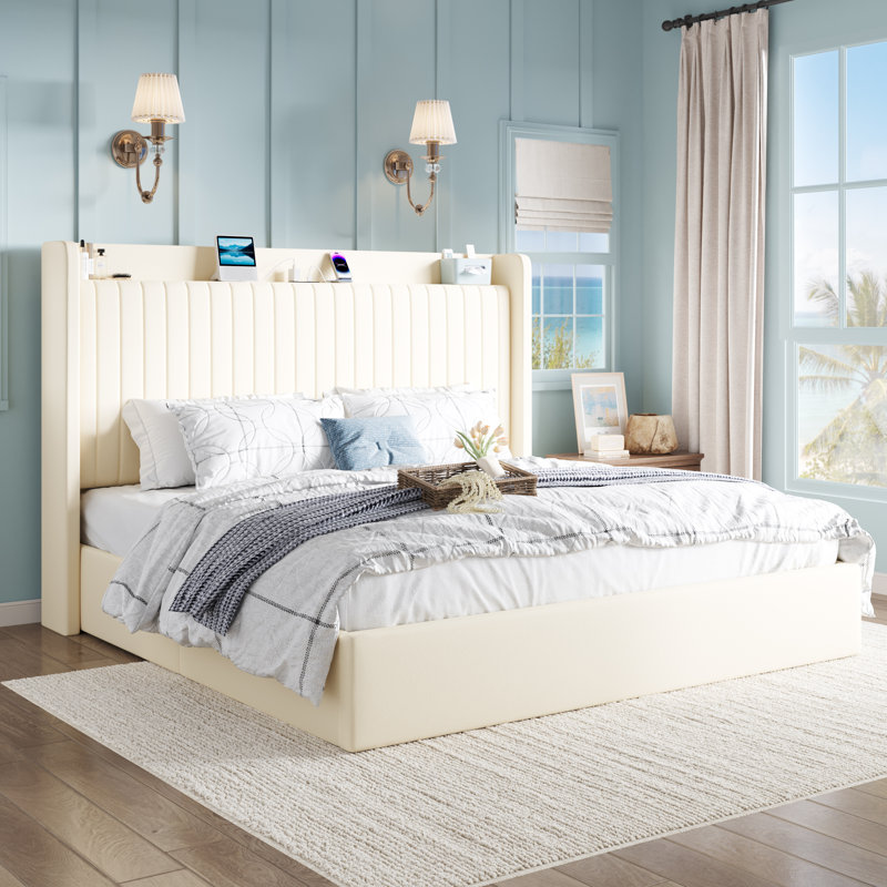 Hydraulic Lift Up Storage Upholstered Platform Bed With Shelf And Charging Station, Cream, King