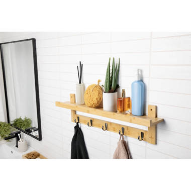 5 Hook Wood Wall Mounted Floating Bathroom Shelf and Towel Rack