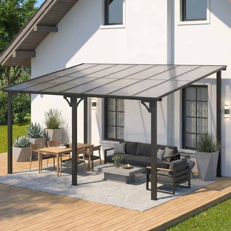 Pavillon de jardin mural rigide 10 po x 14 pi avec toit et gouttières - noir, Noir mat