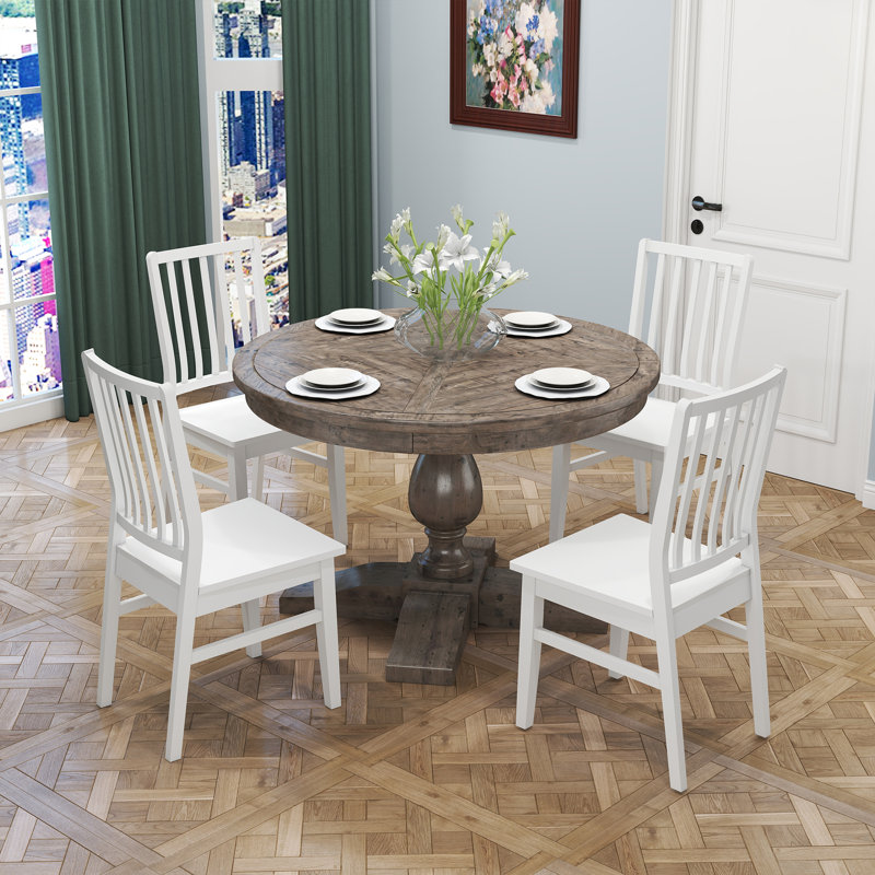 5-Piece Dining Set Mid-Century Modern Wooden Table & Upholstered Chair Set For Home, Kitchen, Dining Room, White, Brown