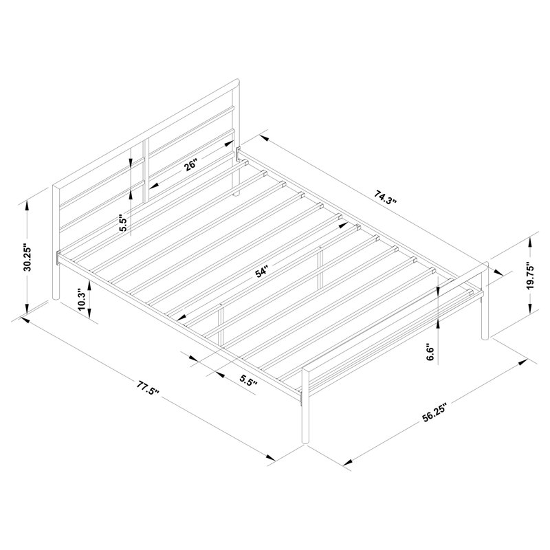 Contemporary Full Metal Bed Frame with Slatted Headboard in Gunmetal