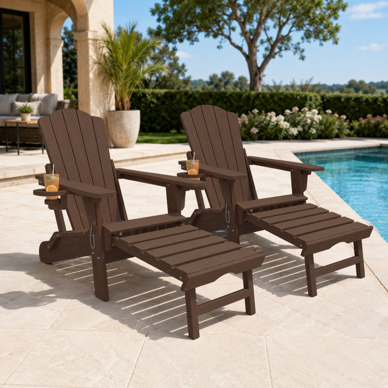 Brown Outdoor HDPE Folding Adirondack Chair with Retractable Ottoman and Cup Holder (Set of 2), Brown