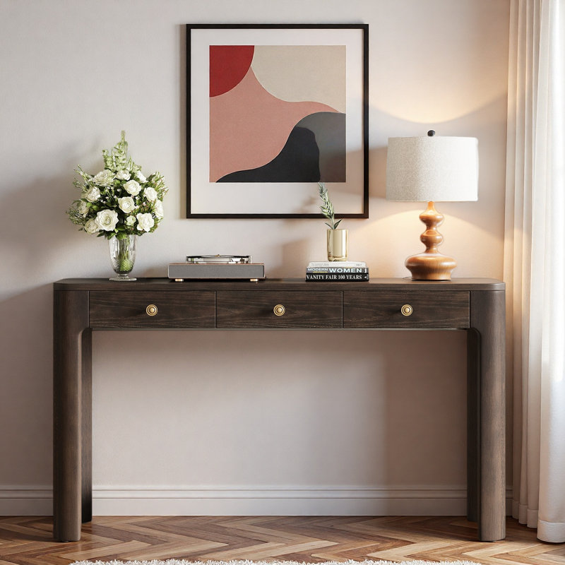 Console avec coins arrondis, 3 tiroirs et pieds épais, Espresso