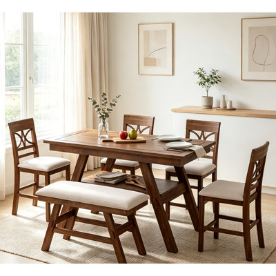 Farmhouse Counter Height 6-Piece Dining Set, Rubberwood & Acacia Veneer Dining Table with Under Storage Shelf, 4 Chairs + 1 Multi-Purpose Bench, Space-Saving Dining Furniture for Family Kitchen