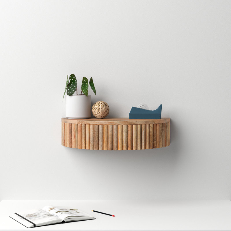 Kristie Half-circle Mango Floating Shelf with Drawer, Natural