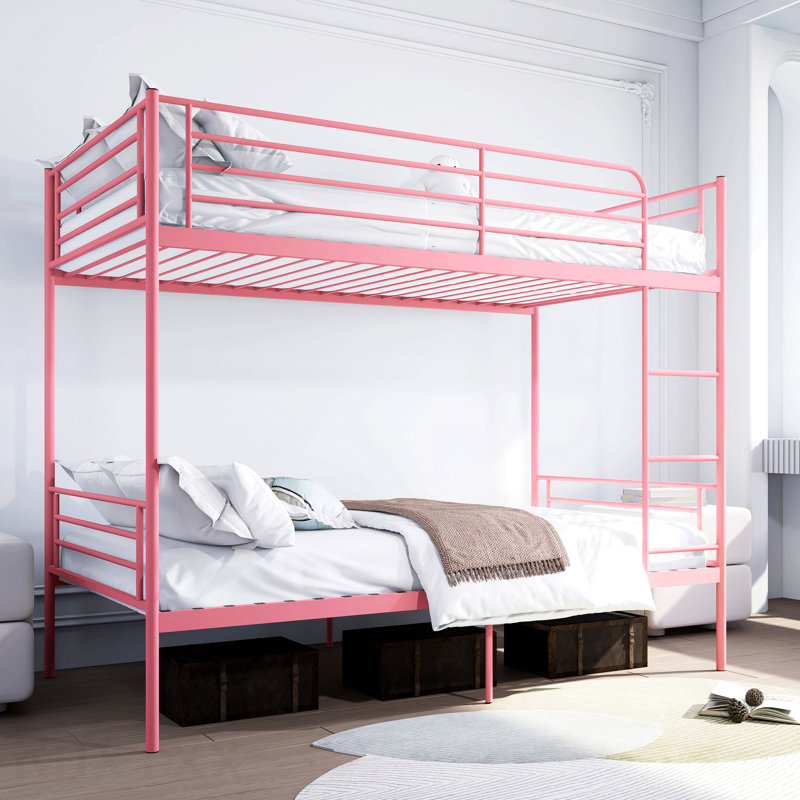 Lit superposé avec échelle et garde-corps haut, capable de se diviser, lit superposé en métal, espace de rangement, silencieux, taille simple sur simple, rose