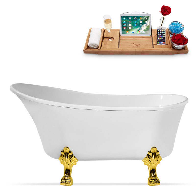 67" Streamline Clawfoot Soaking Acrylic Bathtub With Drain, Clawfeet, and Bamboo Tray, Matte Black, Polished Gold