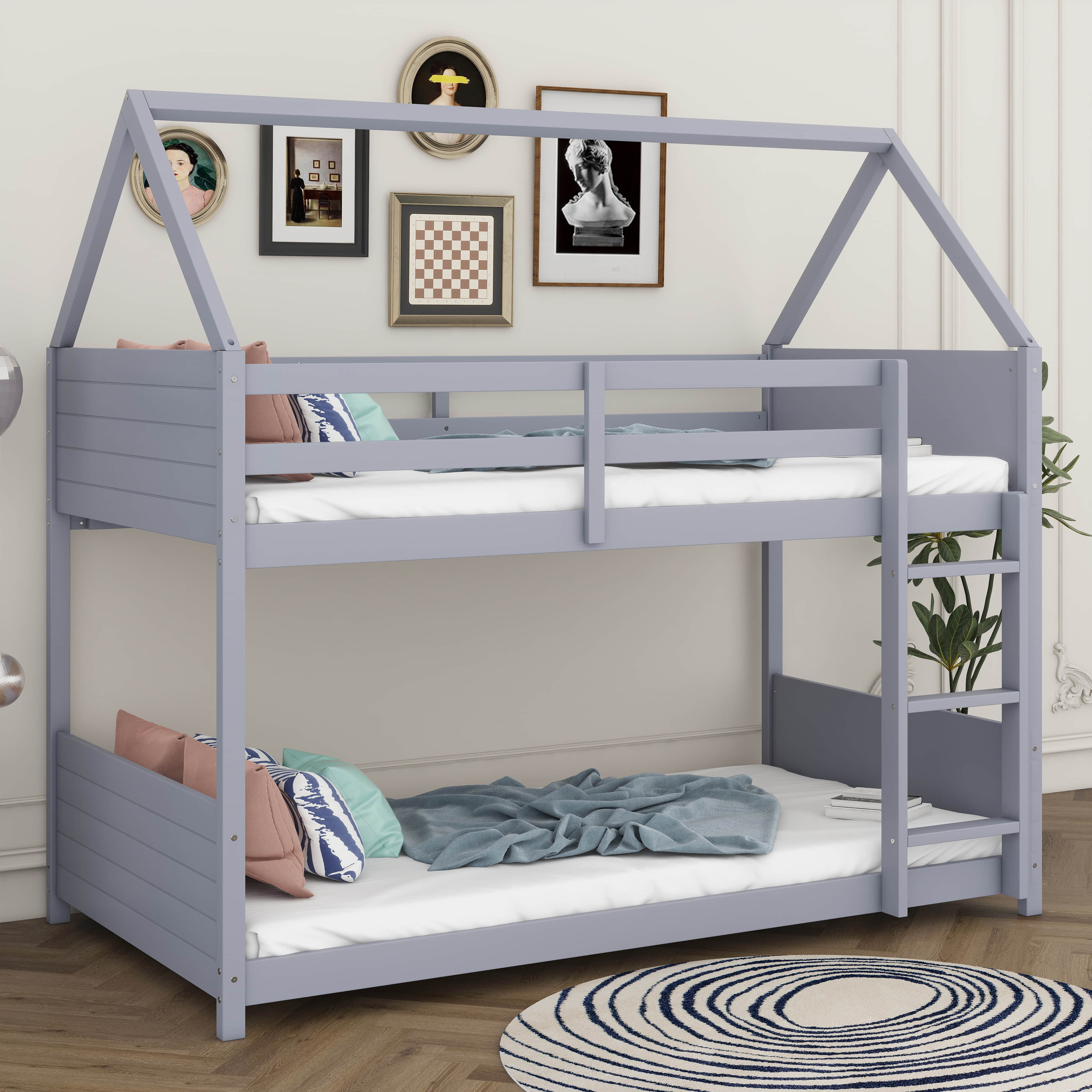 Harper Orchard Twin Over Twin House Floor Bunk Bed, Rubber Wood Frame ...