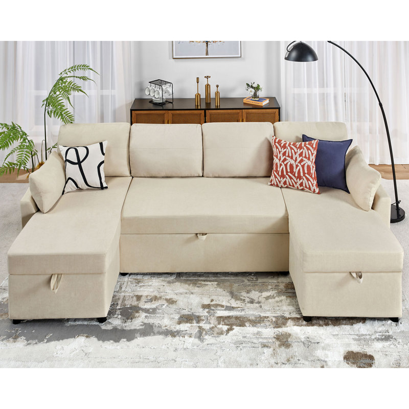 110-Inch Beige Chenille Sectional Sleeper Sofa with Storage Chaise