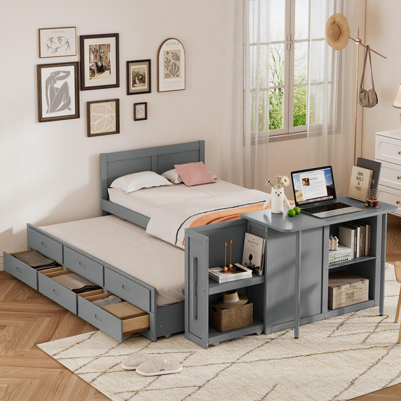 Lit plateforme simple en bois multifonctionnel avec bureau et tablette de rangement au bout du lit, lit gigogne intégré et 3 tiroirs