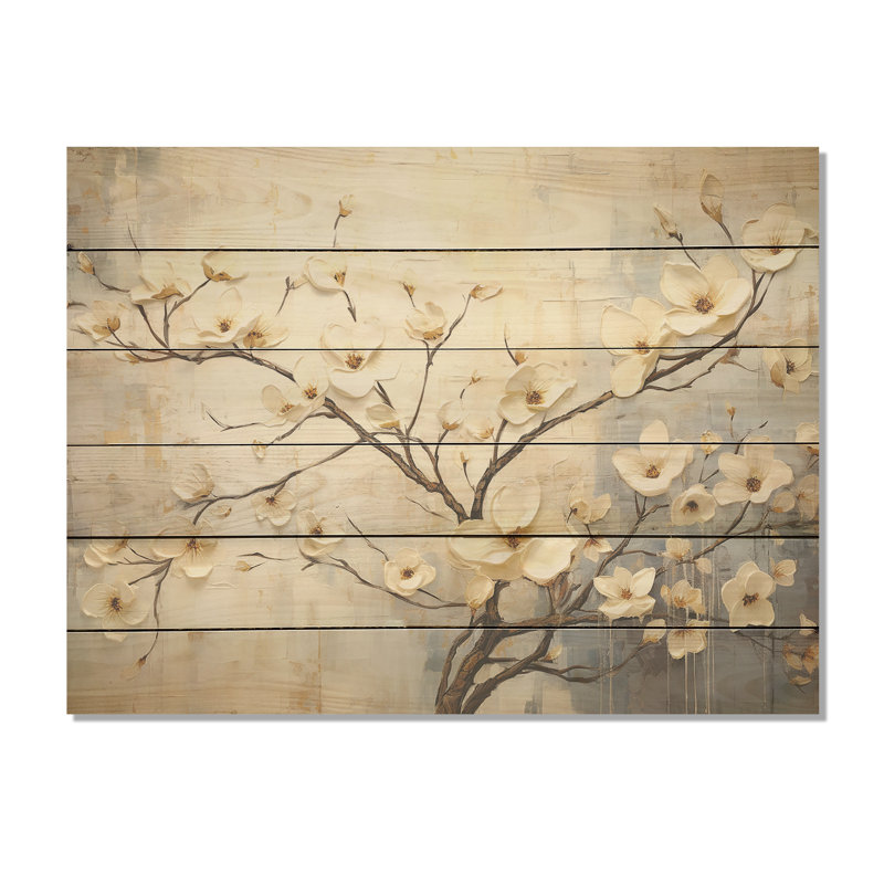 «Peacefulness White Dogwood» - art mural en bois de cornouiller sur bois de pin naturel, H 10 po x l 20 po