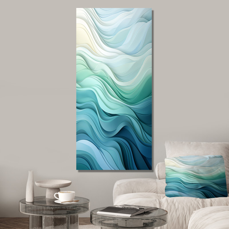 «Gree And White Sway Wave Serenity III», art mural géométrique, Toile tendue, 44" H x 34" W