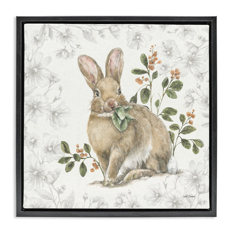 "Floral Garden Bunny", art mural encadré par Leslie Trimbach, Cadre flottant noir de jais, H 18 po x l 18 po