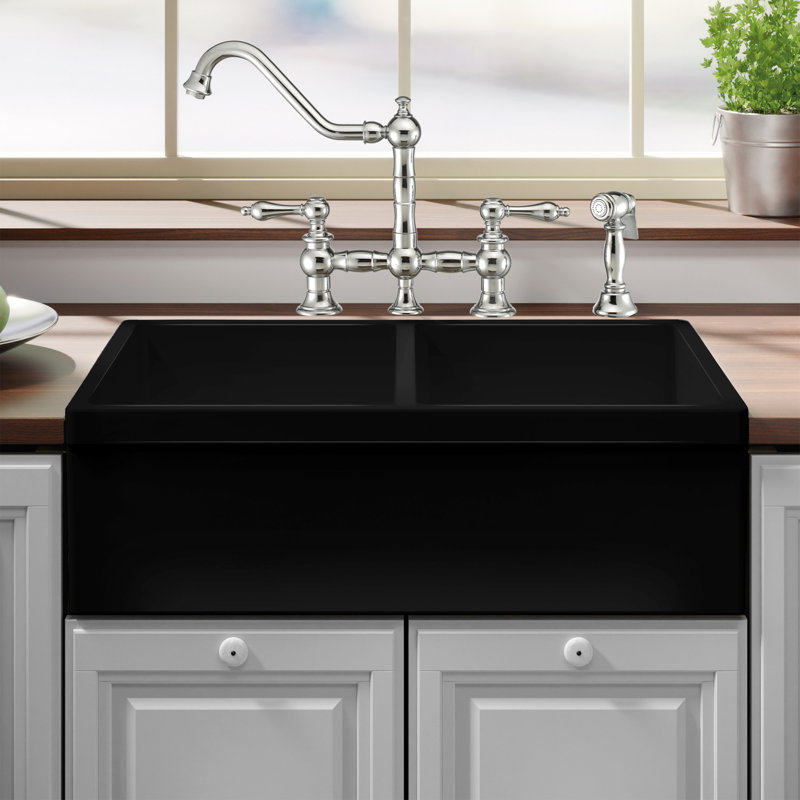 FarmhausQuatro 33" L x 20" W Double Bowl Farmhouse Kitchen Sink, Black