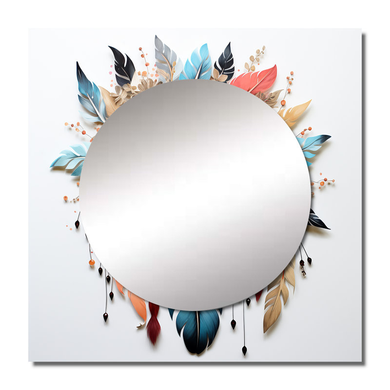 Fleurs orange bohème orange et plumes bleues I - Miroir carré Dream Catcher pour décoration murale, 23 po x 23 po