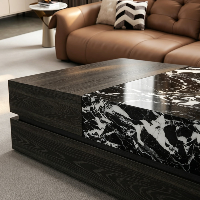 Table basse Minimalisme, White/Tan/Black, 15.35" H x 59.05" L x 31.49" W