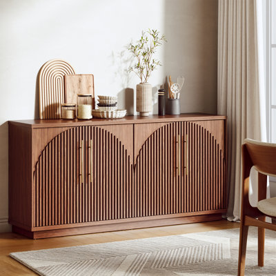 65" W 4-Door Fluted Arched Buffet Cabinet with Adjustable Shelves, Modern Sideboard Credenza Coffee Bar Storage Cabinet for Dining Room Entryway Kitchen, Walnut