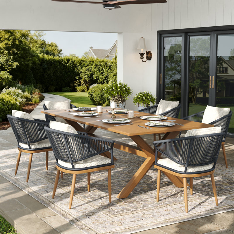Rectangular Outdoor Dining Set With Cushions, Beige/Brown Wood/Grey/Brown, 6