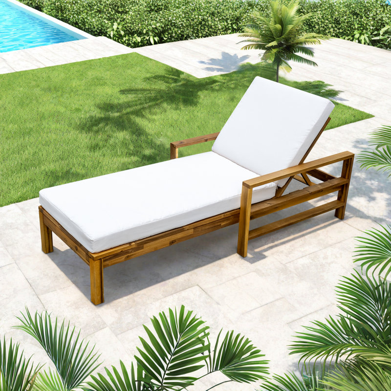 Modern Coastal Acacia Wood Patio Chaise Lounge Chair, Adjustable Outdoor Recliner Daybed With Movable Cushions, Beige