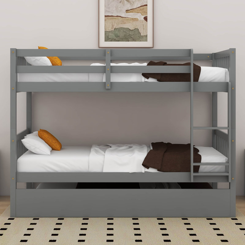  Kamorian Twin Over Twin Rubber Wood Bunk Bed With Trundle, Convertible Into 2 Beds, Gray/Natural