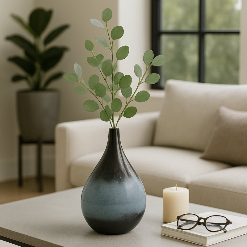 Sculptural Gradient Tall Glass Vase for Home Decor Styling - Decorative Flower Vase Table Accent for Living Room Display - Black & Blue
