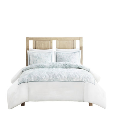 Harbor House Bay Collection Duvet Cover Mini - King, 100% Cotton, Dark Blue Accent, All Over Embroidery, Button Closure King Closure, 2 Shams, 4 Inner Ties, , Relaxed Style