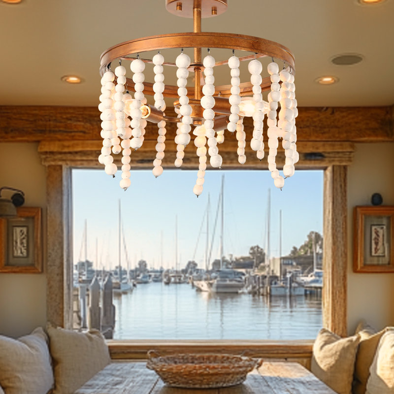 3-Light Mini Semi-Flush Mounted Ceiling Light for Foyer Hallway Stairwell Kitchen Gold with White Wooden Beads, Cream