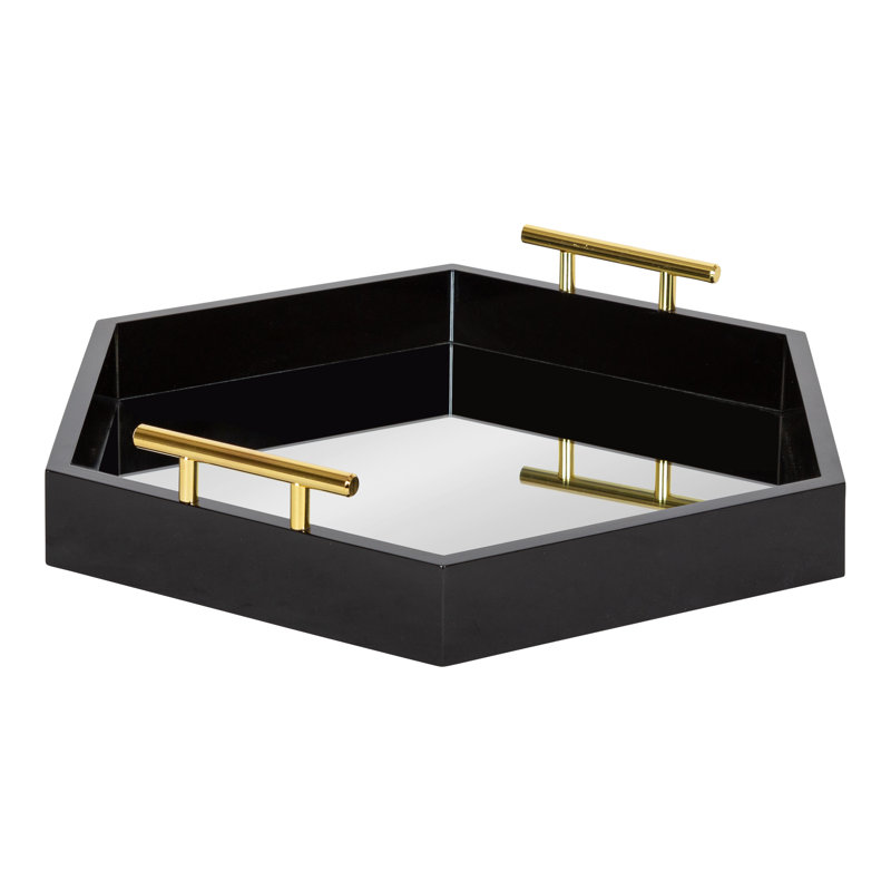 Plateau décoratif hexagonal avec poignées en métal Norvan, Noir / miroir