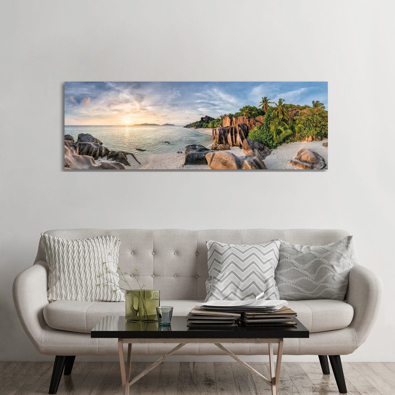 Panoramic Sunset View At Anse Source D'argent Beach, La Digue, Seychelles by Jan Becke - Wrapped Canvas Panoramic Print