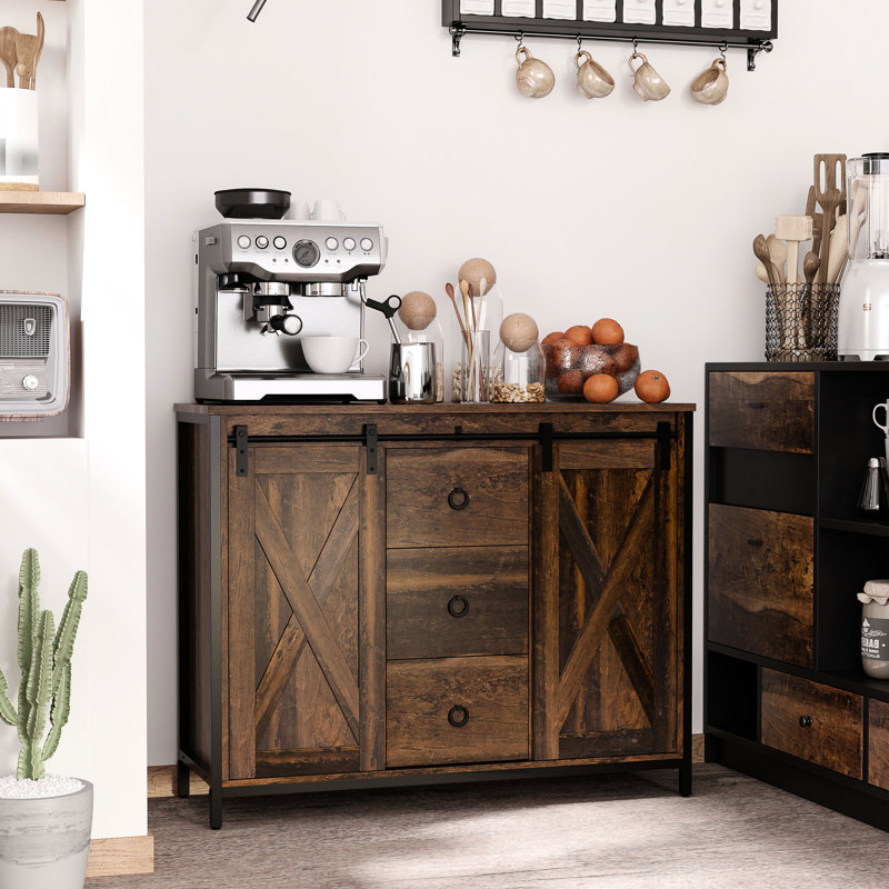 Buffet rustique de style industriel en brun avec portes coulissantes, 3 tiroirs, tablettes réglables pour le buffet de la maison, 3 tiroirs de grange et rangement
