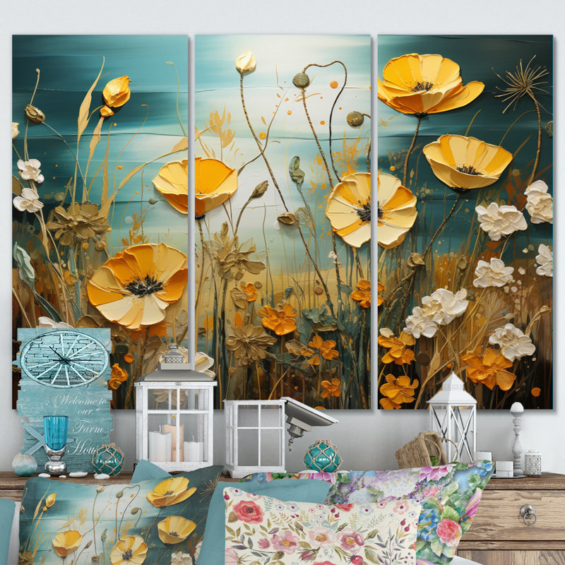 Yellow Blue Buttercups Golden Glow Patchwork I - Floral Canvas Prints Set, H 40 po x l 60 po x P 1 po