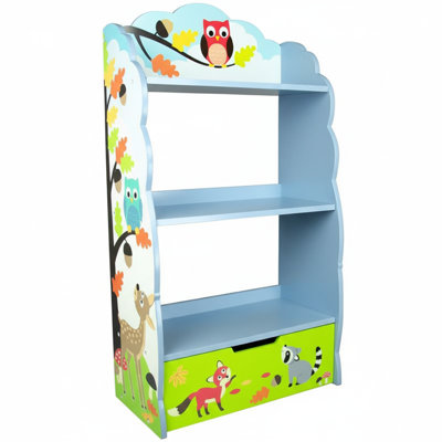 Teamson Kids Enchanted Woodland 3-Tier Bookshelf with Storage Drawer & Forest Animal Illustrations