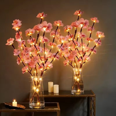 2 lumières artificielles en forme de branche de cerisier rose, fleur réaliste, intérieur / extérieur (alimenté par piles)
