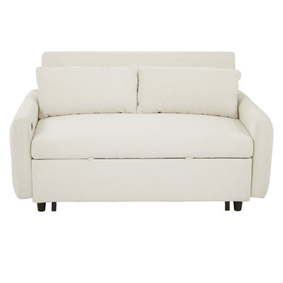57.48" Pull-Out Sofa Bed Convertible Couch 2 Seat Loveseat Sofa Modern Sleeper Sofa With Two Throw Pillows And USB Ports For Living Room, Beige