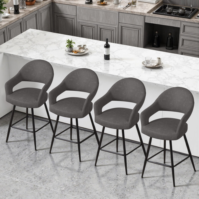 26" Faux Leather Counter Height Swivel Bar Stools, Gray, 4