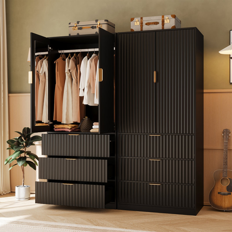 Armoire-penderie de 70,9 pouces de hauteur, armoire à 2 portes avec miroir intégré, armoire à 3 tiroirs (ensemble de 2), Noir