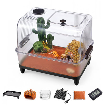 Acrylic Small Animal Cage Starter Kit – Secure Lid, Heating Pad, Hygrometer, Bowl, Hide, and Sand – Terrarium for Jumping Spiders, Tarantulas, Lizards, Frogs, Hermit Crabs – 32×20×27.5CM