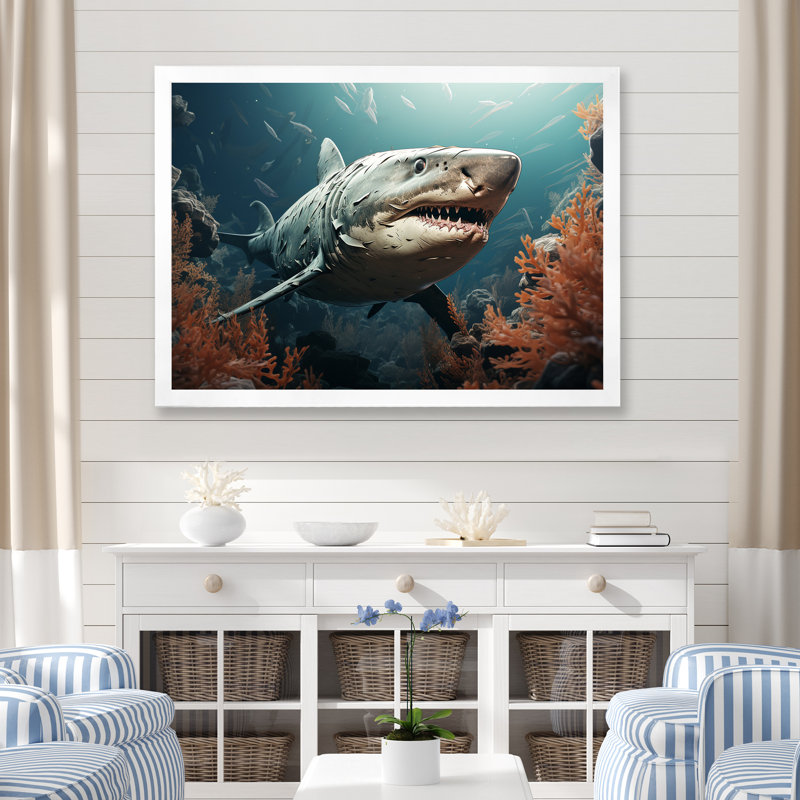 Shark S Symphony In Deep Sea - Décoration murale plage et océan, Cadre simple blanc, H 34 po x l 44 po x P 1,5 po