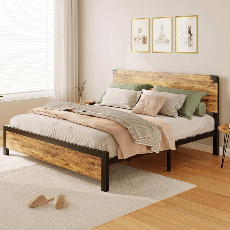 Rustic Brown King Platform Bed Frame with Wooden Headboard, Metal Legs, Under-Bed Storage, No Box Spring Needed, Easy Assembly