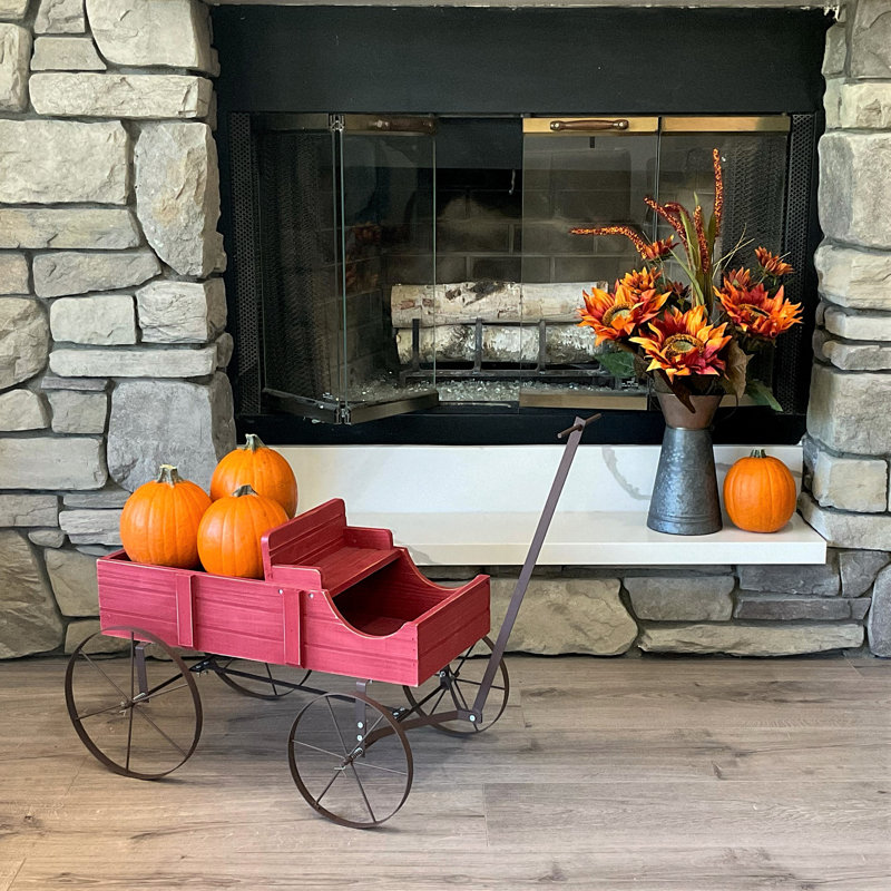Jacksboro Decorative Wagon Wood Wheelbarrow Planter, 15.25" H x 13.5" W x 41.5" D, Red
