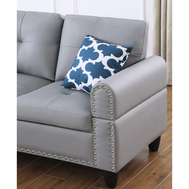 L-shaped 2 Grey Faux Leather Sectional, Left-hand Facing, Medium-soft Seating, 3 Seats, 98 Inches Wide, 71 Deep, 33 High, 169 Lbs, Round Arms, Two Accent Pillows Sectional , Facing L-shaped, Grey,