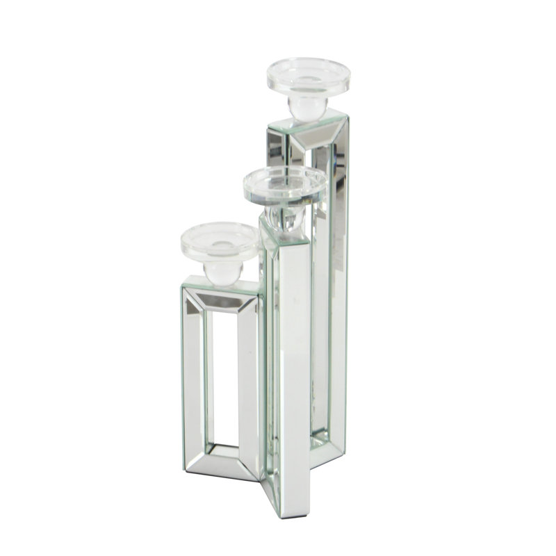 Candélabre décoratif en verre avec 3 plaques décoratives argentées