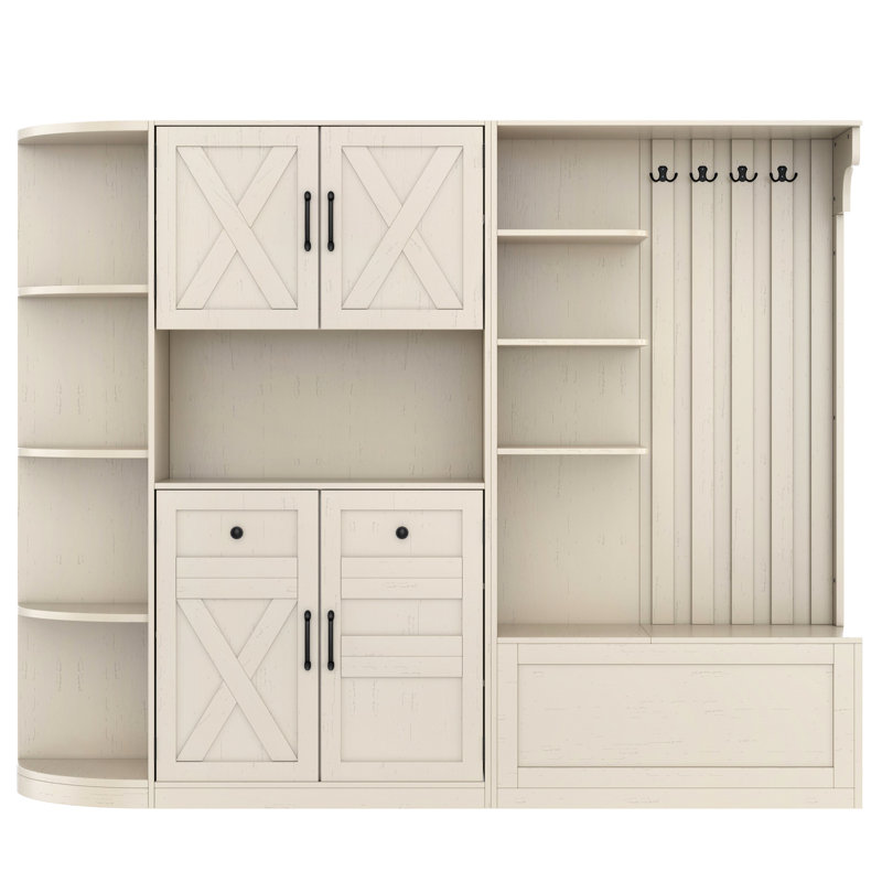Armoire de couloir gauche / droite beige, rangement et suspension, 5 armoires, 8 tablettes, 4 crochets, design sécuritaire, beige multifonctionnel facile à assembler, pour le salon, le couloir de la cuisine, beaucoup de rangement, design